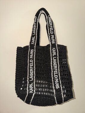 Karl Lagerfeld Black Crochet Tote with Logo Straps